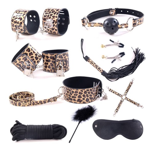 10 Pcs Leopard Whip Handcuffs Shackles Mouth Gag Nipple Toys Fur Leather SM Kit For Couples Exotic BDSM Japanese Bondage Suit Sex Toys